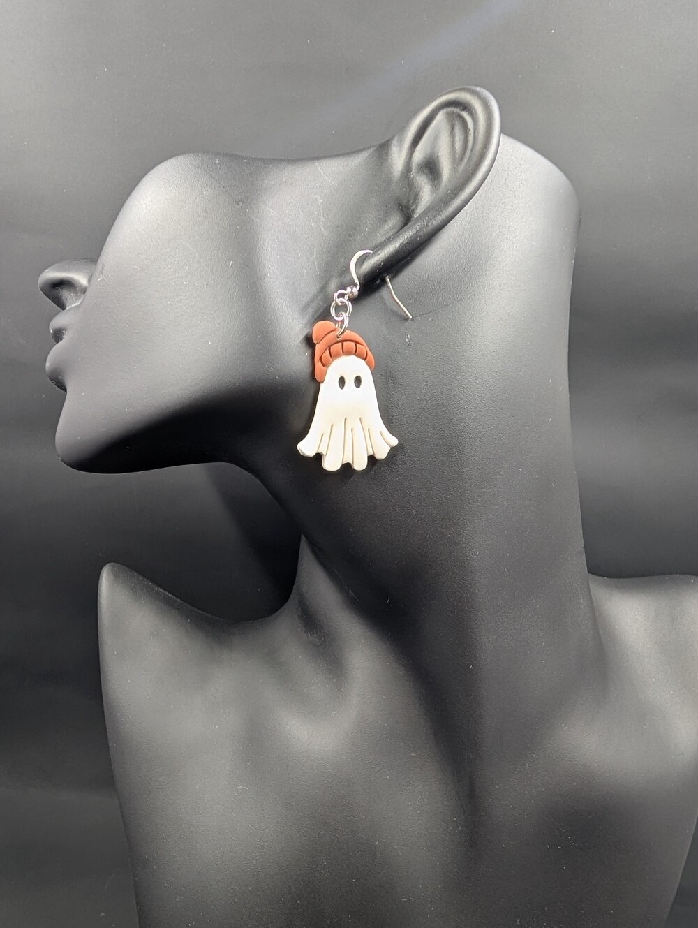 Cute White Ghost Dangle Earrings with Orange Toque
